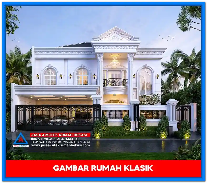 Gambar Rumah Mewah 2 Lantai Elegan – Desain rumah mewah dua lantai bergaya elegan dengan ornamen detail, jendela besar, dan tampilan fasad yang menawan.