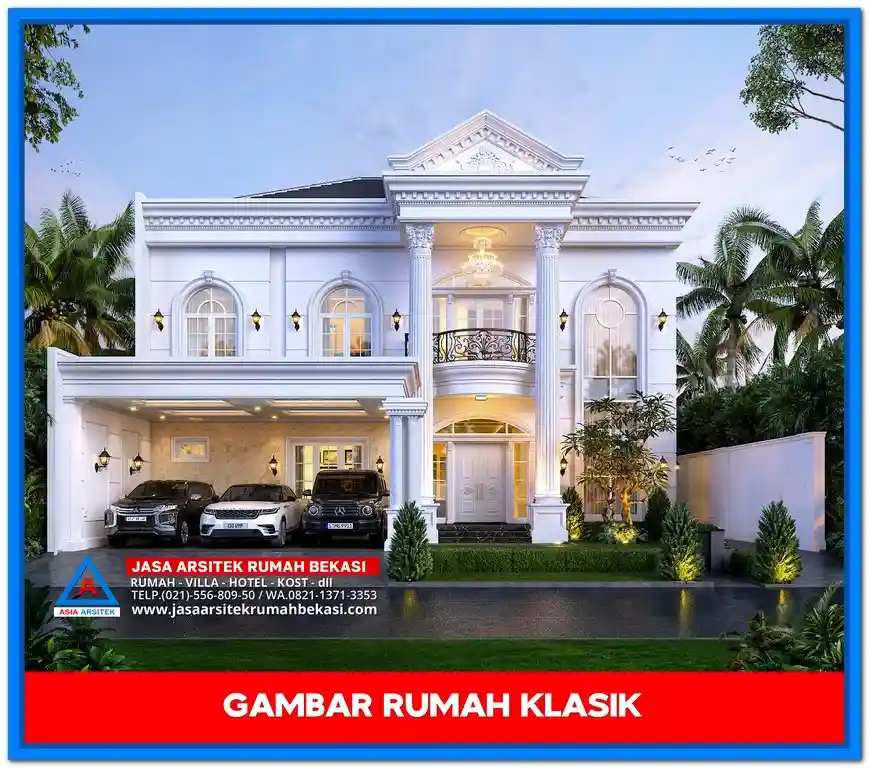 Gambar Rumah Mewah 2 Lantai Elegan – Desain rumah mewah dua lantai bergaya elegan dengan ornamen detail, jendela besar, dan tampilan fasad yang menawan.