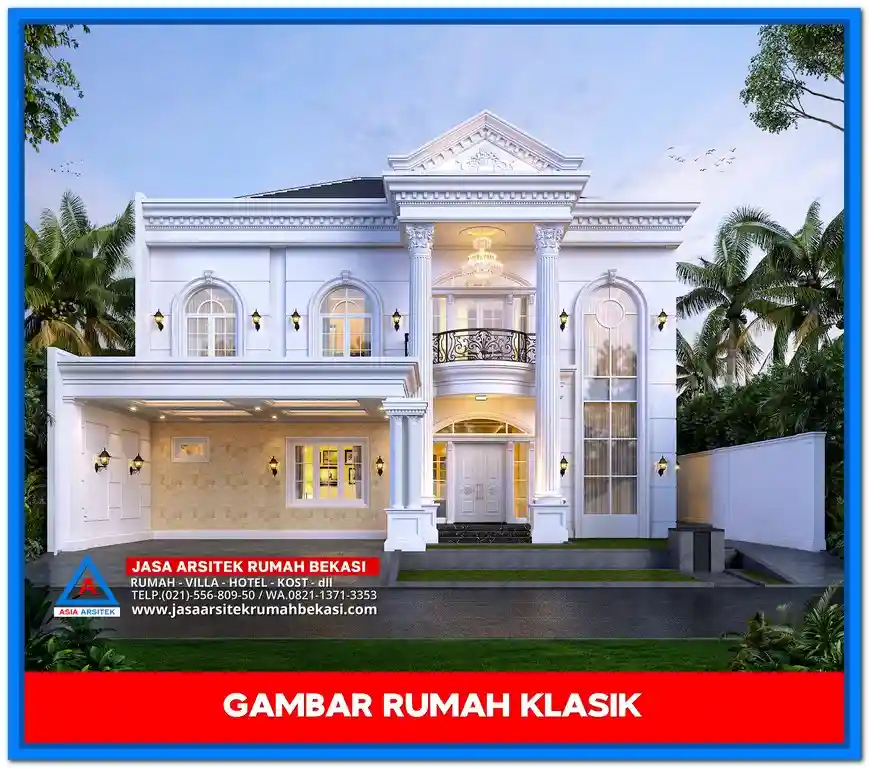 Gambar Rumah Mewah 2 Lantai Elegan – Desain rumah mewah dua lantai bergaya elegan dengan ornamen detail, jendela besar, dan tampilan fasad yang menawan.