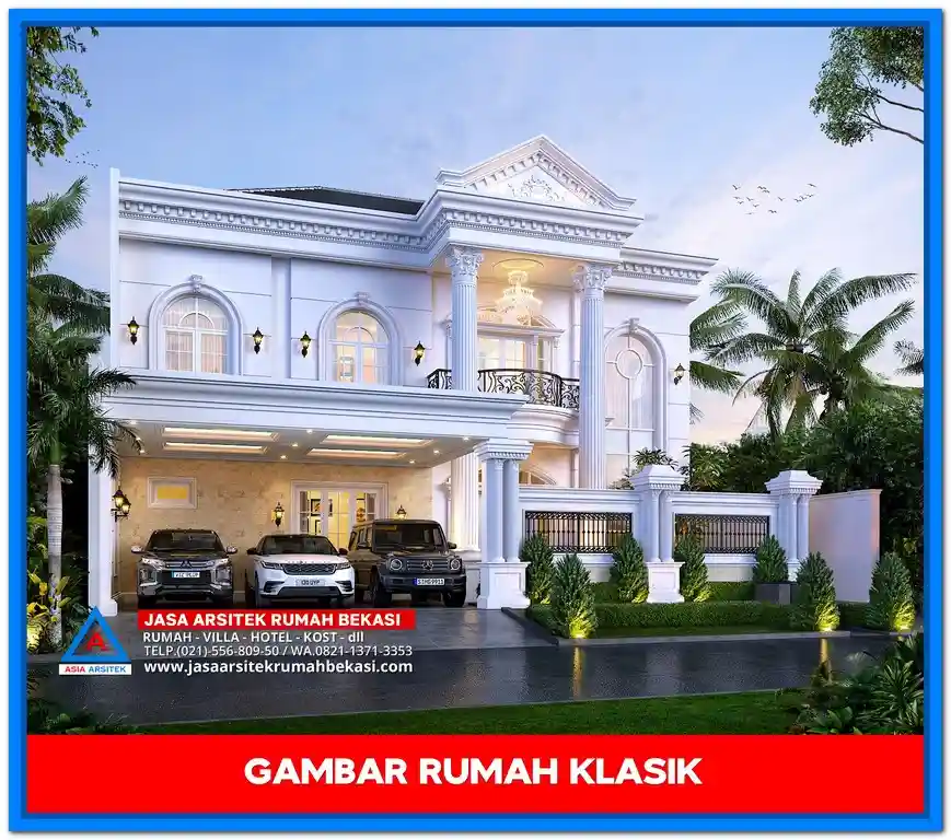 Gambar Rumah Mewah 2 Lantai Elegan – Desain rumah mewah dua lantai bergaya elegan dengan ornamen detail, jendela besar, dan tampilan fasad yang menawan.