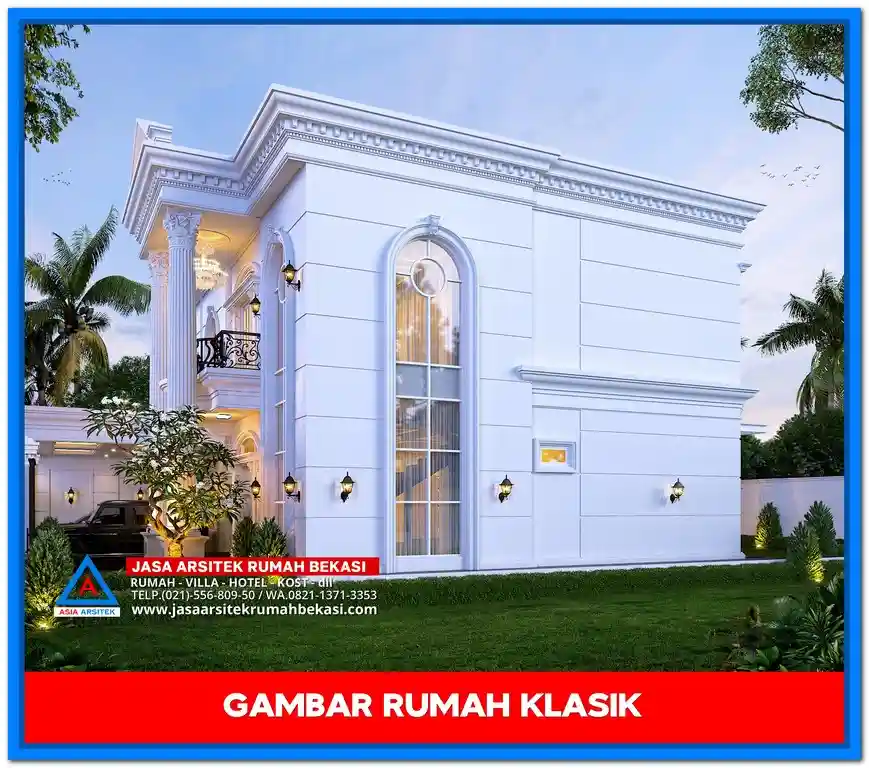 Gambar Rumah Mewah 2 Lantai Elegan – Desain rumah mewah dua lantai bergaya elegan dengan ornamen detail, jendela besar, dan tampilan fasad yang menawan.