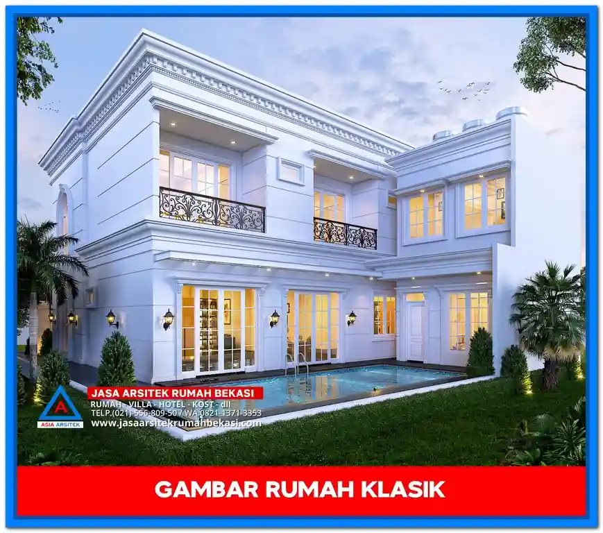 Gambar Rumah Mewah 2 Lantai Elegan – Desain rumah mewah dua lantai bergaya elegan dengan ornamen detail, jendela besar, dan tampilan fasad yang menawan.
