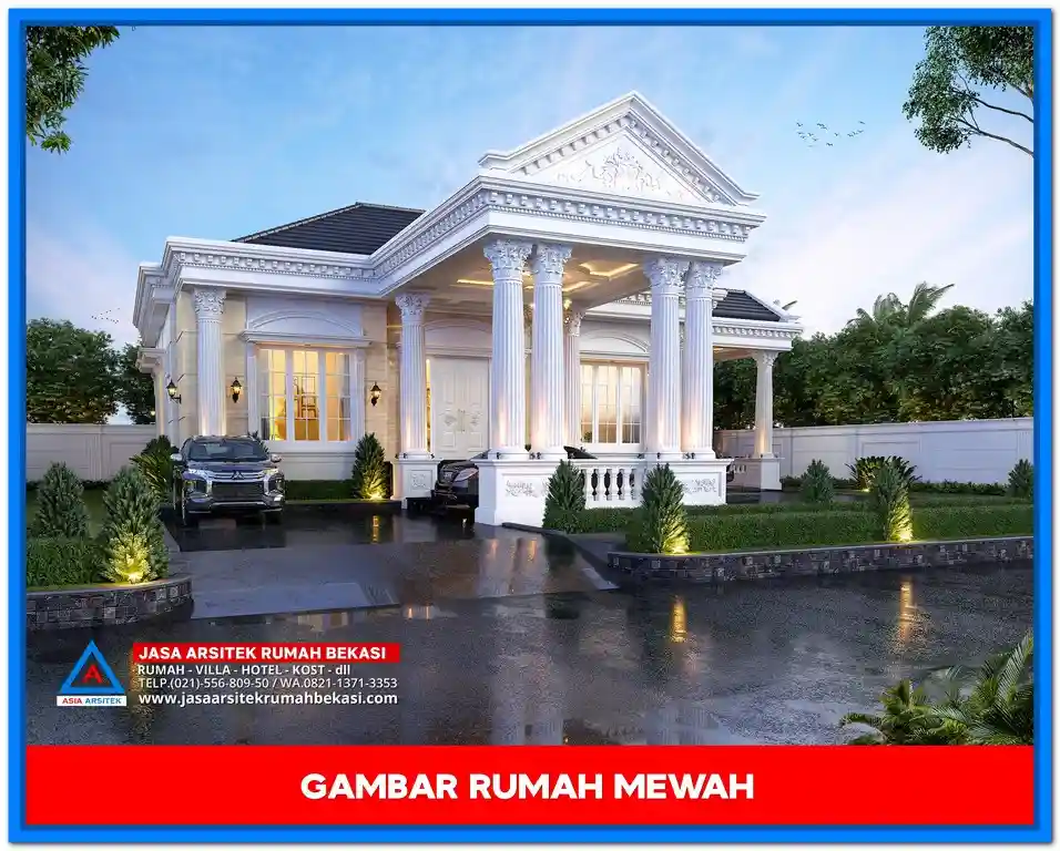 Gambar Rumah Mewah 1 Lantai – Tampak depan rumah mewah satu lantai dengan desain elegan, jendela besar, taman hijau, dan atap modern yang menawan.