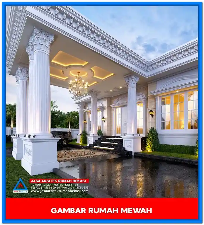 Gambar Rumah Mewah 1 Lantai – Tampak depan rumah mewah satu lantai dengan desain elegan, jendela besar, taman hijau, dan atap modern yang menawan.