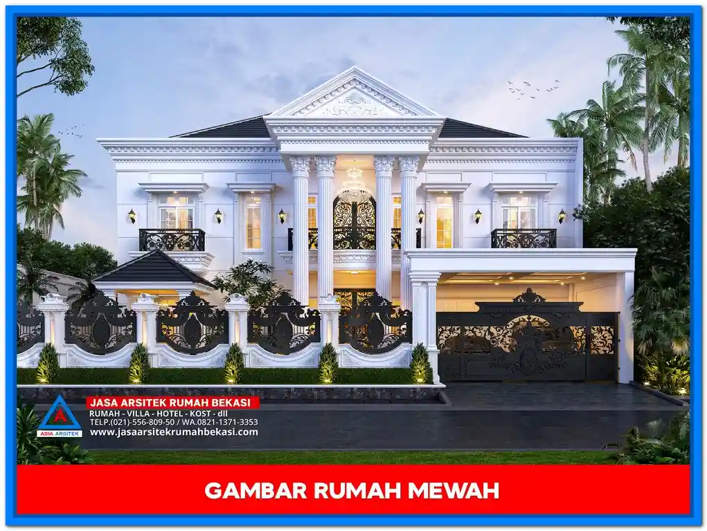 Gambar Rumah Mewah 2 Lantai Elegan – Desain rumah mewah dua lantai bergaya elegan dengan ornamen detail, jendela besar, dan tampilan fasad yang menawan.