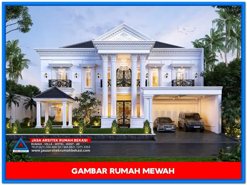 Gambar Rumah Mewah 2 Lantai Elegan – Desain rumah mewah dua lantai bergaya elegan dengan ornamen detail, jendela besar, dan tampilan fasad yang menawan.
