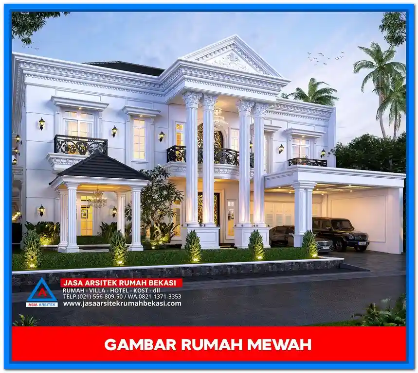 Gambar Rumah Mewah 2 Lantai Elegan – Desain rumah mewah dua lantai bergaya elegan dengan ornamen detail, jendela besar, dan tampilan fasad yang menawan.