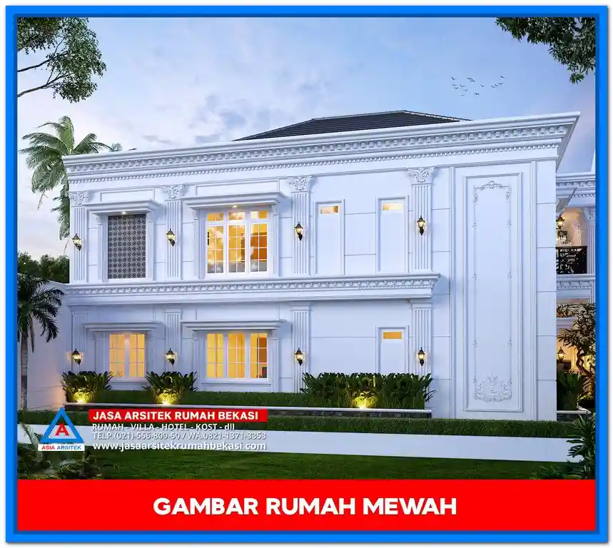Gambar Rumah Mewah 2 Lantai Elegan – Desain rumah mewah dua lantai bergaya elegan dengan ornamen detail, jendela besar, dan tampilan fasad yang menawan.