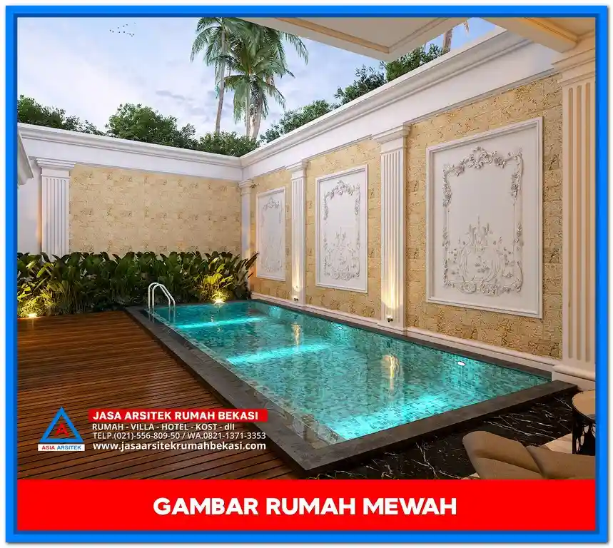 Gambar Rumah Mewah 2 Lantai Elegan – Desain rumah mewah dua lantai bergaya elegan dengan ornamen detail, jendela besar, dan tampilan fasad yang menawan.