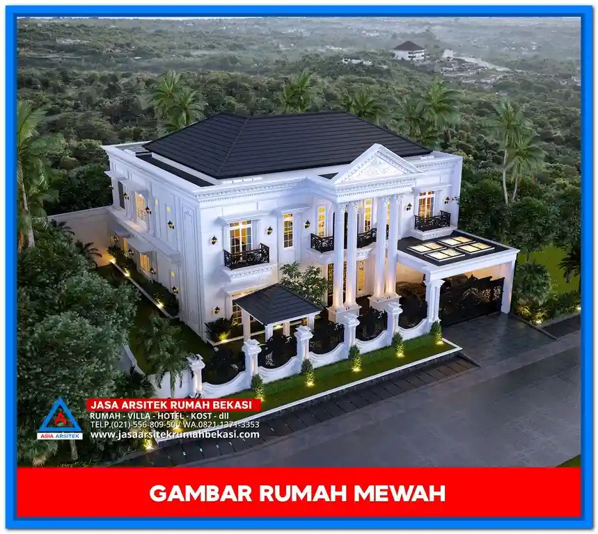 Gambar Rumah Mewah 2 Lantai Elegan – Desain rumah mewah dua lantai bergaya elegan dengan ornamen detail, jendela besar, dan tampilan fasad yang menawan.