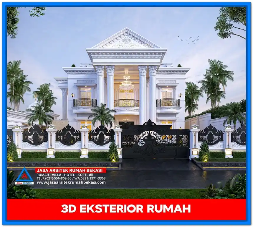 Gambar Rumah Mewah 2 Lantai Gaya Eropa – Rumah dua lantai dengan gaya klasik Eropa, menampilkan balkon artistik, pilar tinggi, dan sentuhan ornamen mewah yang menawan
