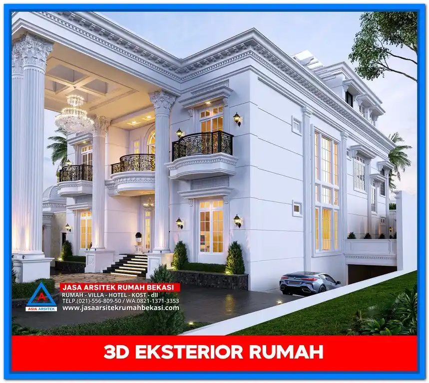Gambar Rumah Mewah 2 Lantai Gaya Eropa – Rumah dua lantai dengan gaya klasik Eropa, menampilkan balkon artistik, pilar tinggi, dan sentuhan ornamen mewah yang menawan