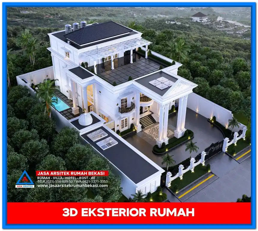 Gambar Rumah Mewah 2 Lantai Gaya Eropa – Rumah dua lantai dengan gaya klasik Eropa, menampilkan balkon artistik, pilar tinggi, dan sentuhan ornamen mewah yang menawan