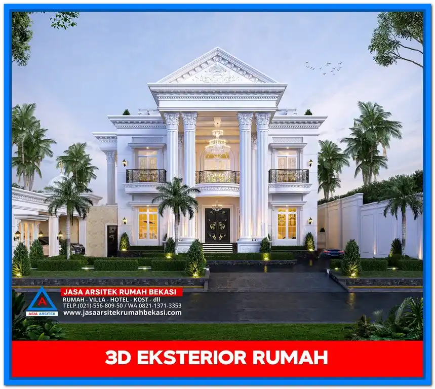 Gambar Rumah Mewah 2 Lantai Gaya Eropa – Rumah dua lantai dengan gaya klasik Eropa, menampilkan balkon artistik, pilar tinggi, dan sentuhan ornamen mewah yang menawan