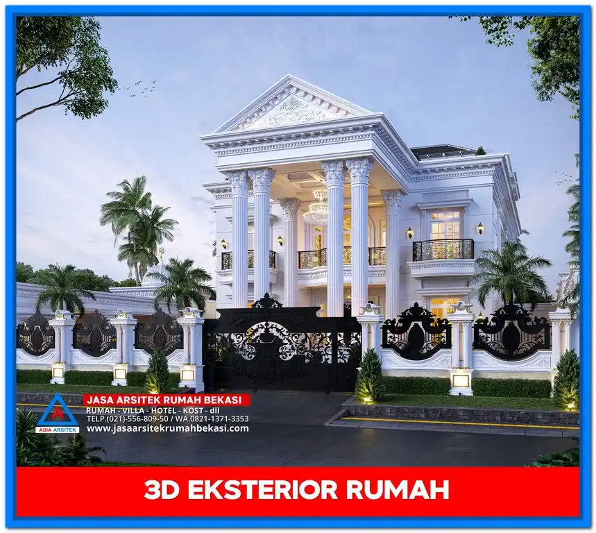Gambar Rumah Mewah 2 Lantai Gaya Eropa – Rumah dua lantai dengan gaya klasik Eropa, menampilkan balkon artistik, pilar tinggi, dan sentuhan ornamen mewah yang menawan