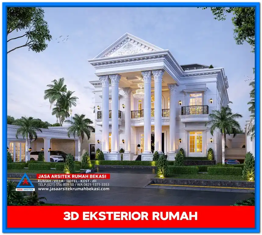 Gambar Rumah Mewah 2 Lantai Gaya Eropa – Rumah dua lantai dengan gaya klasik Eropa, menampilkan balkon artistik, pilar tinggi, dan sentuhan ornamen mewah yang menawan