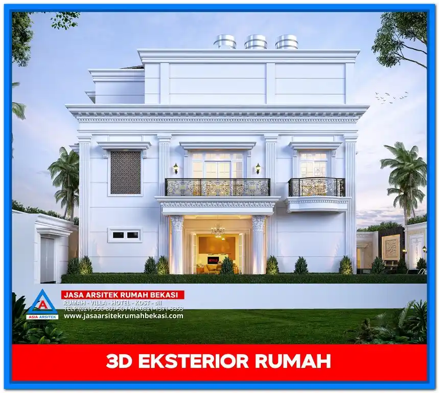 Gambar Rumah Mewah 2 Lantai Gaya Eropa – Rumah dua lantai dengan gaya klasik Eropa, menampilkan balkon artistik, pilar tinggi, dan sentuhan ornamen mewah yang menawan