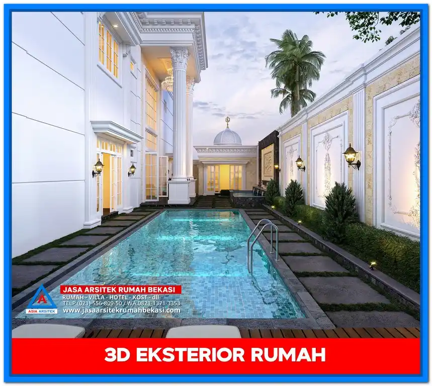 Gambar Rumah Mewah 2 Lantai Gaya Eropa – Rumah dua lantai dengan gaya klasik Eropa, menampilkan balkon artistik, pilar tinggi, dan sentuhan ornamen mewah yang menawan