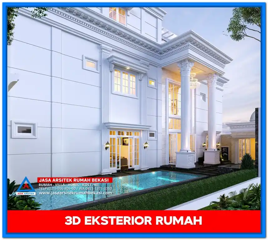 Gambar Rumah Mewah 2 Lantai Gaya Eropa – Rumah dua lantai dengan gaya klasik Eropa, menampilkan balkon artistik, pilar tinggi, dan sentuhan ornamen mewah yang menawan