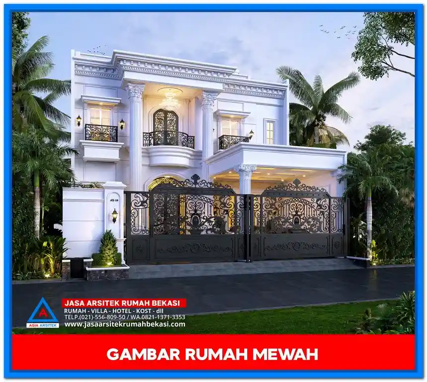 Gambar Rumah Mewah 3 Lantai Dengan Kolam Renang Cantik – Desain rumah mewah modern dengan tiga lantai, kolam renang elegan, area santai, dan fasad premium yang mengesankan