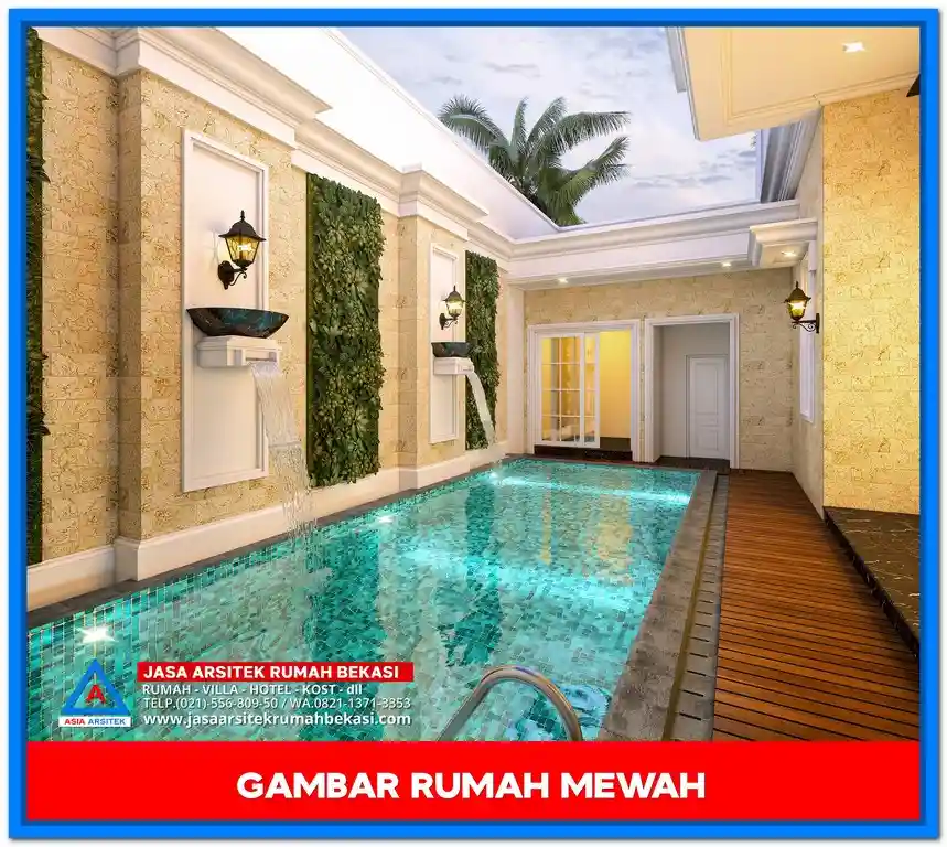 Gambar Rumah Mewah 3 Lantai Dengan Kolam Renang Cantik – Desain rumah mewah modern dengan tiga lantai, kolam renang elegan, area santai, dan fasad premium yang mengesankan