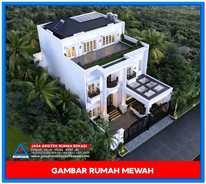 Gambar Rumah Mewah 3 Lantai Dengan Kolam Renang Cantik – Desain rumah mewah modern dengan tiga lantai, kolam renang elegan, area santai, dan fasad premium yang mengesankan