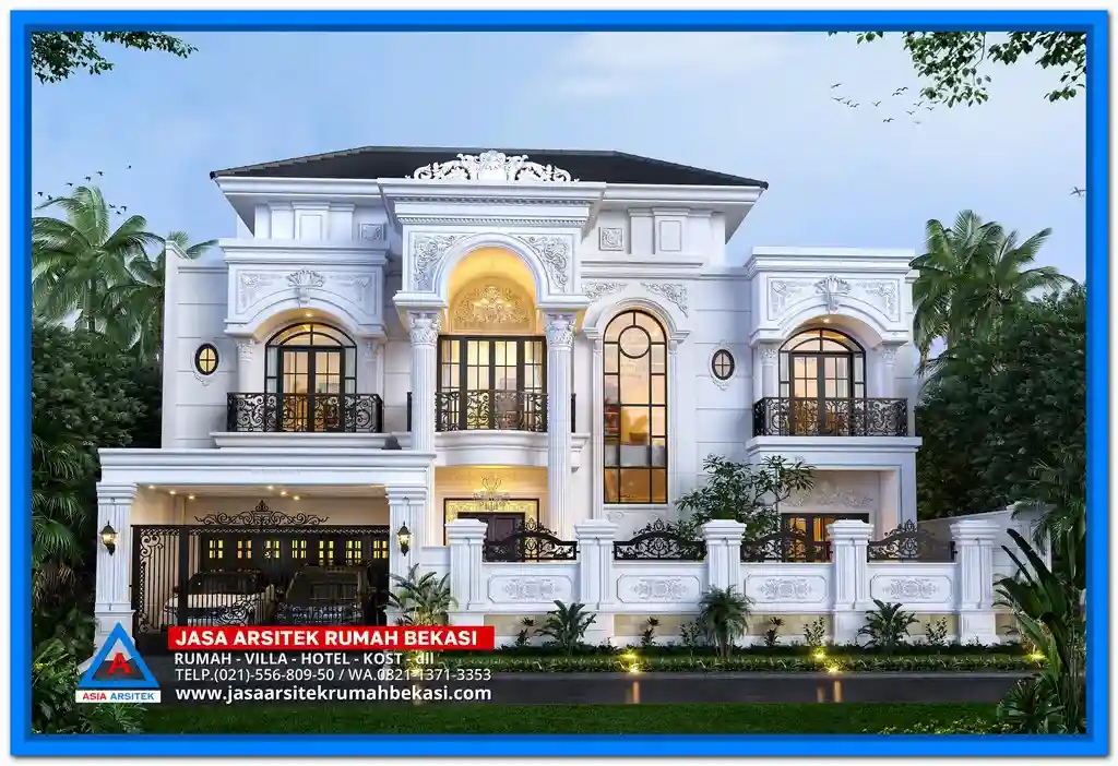 Gambar Rumah Mewah 3 Lantai Dengan Ornamen Ukiran – Fasad rumah megah dengan sentuhan ukiran klasik di setiap detail arsitektur, cocok untuk hunian bergaya mewah dan elegan