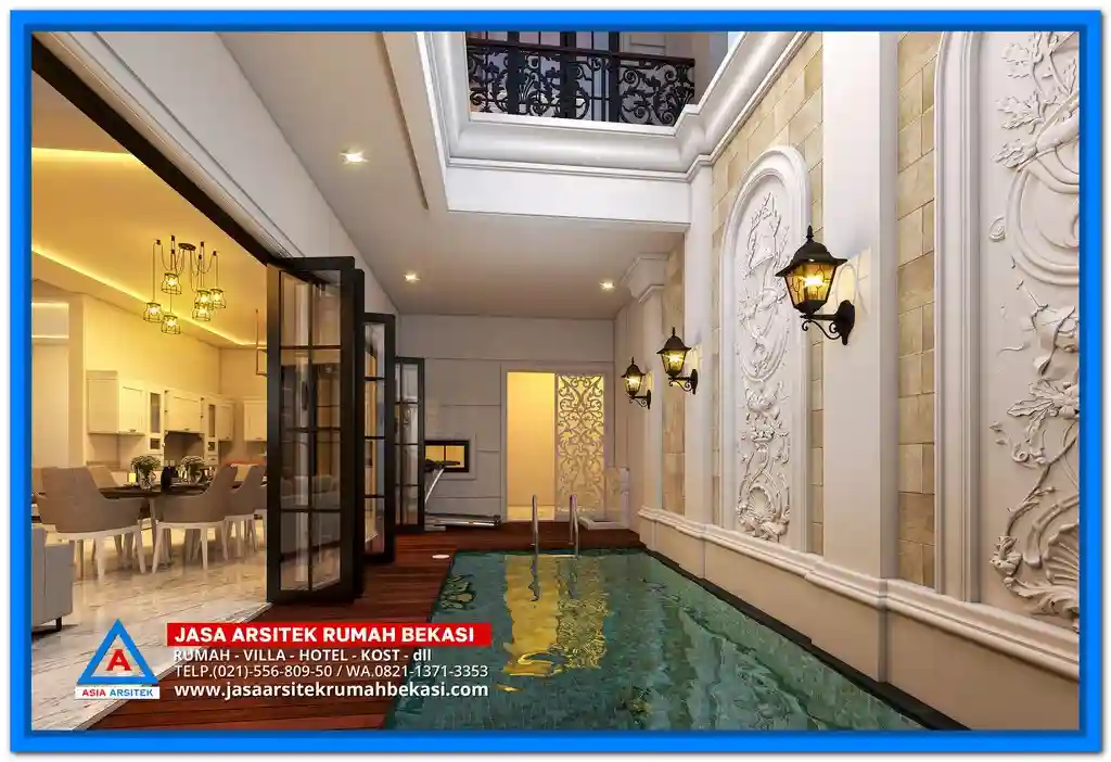 Gambar Rumah Mewah 3 Lantai Dengan Ornamen Ukiran – Fasad rumah megah dengan sentuhan ukiran klasik di setiap detail arsitektur, cocok untuk hunian bergaya mewah dan elegan