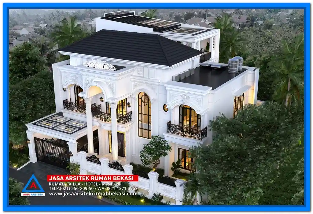 Gambar Rumah Mewah 3 Lantai Dengan Ornamen Ukiran – Fasad rumah megah dengan sentuhan ukiran klasik di setiap detail arsitektur, cocok untuk hunian bergaya mewah dan elegan