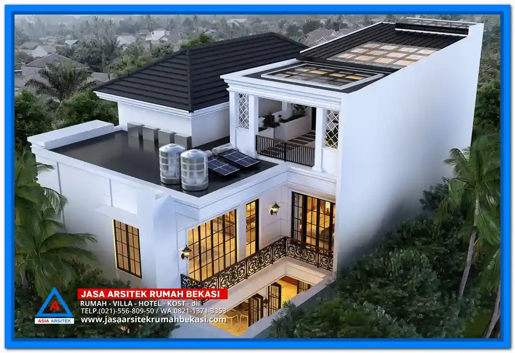 Gambar Rumah Mewah 3 Lantai Dengan Ornamen Ukiran – Fasad rumah megah dengan sentuhan ukiran klasik di setiap detail arsitektur, cocok untuk hunian bergaya mewah dan elegan