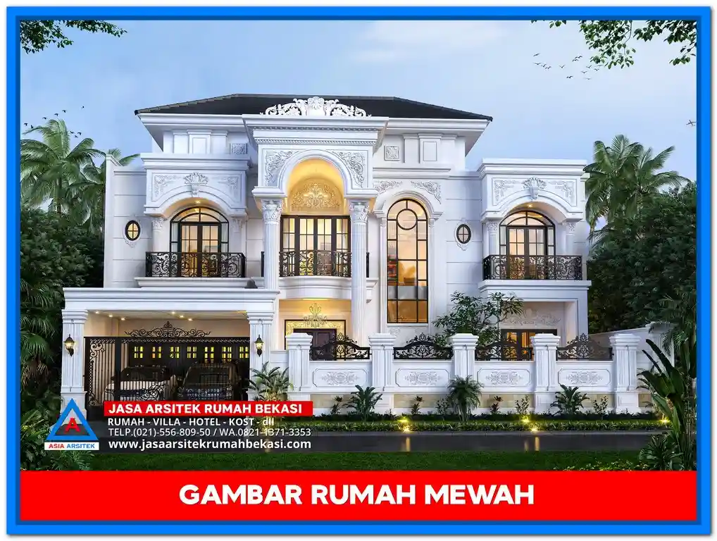 Gambar Rumah Mewah 3 Lantai Full Marmer – Desain fasad rumah tiga lantai yang dilapisi marmer elegan, memperkuat kesan mewah dan berkelas di setiap sudut bangunan