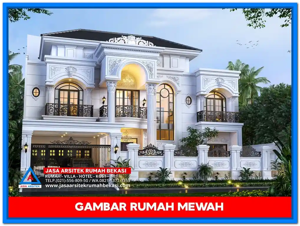 Gambar Rumah Mewah 3 Lantai Full Marmer – Desain fasad rumah tiga lantai yang dilapisi marmer elegan, memperkuat kesan mewah dan berkelas di setiap sudut bangunan