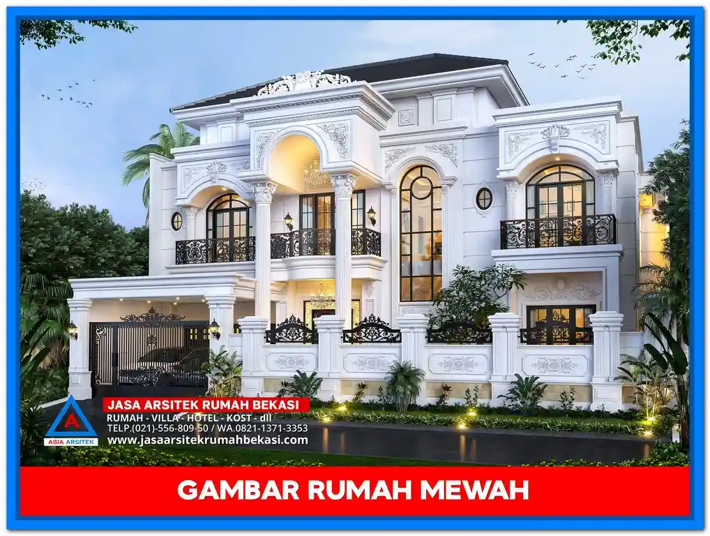 Gambar Rumah Mewah 3 Lantai Full Marmer – Desain fasad rumah tiga lantai yang dilapisi marmer elegan, memperkuat kesan mewah dan berkelas di setiap sudut bangunan