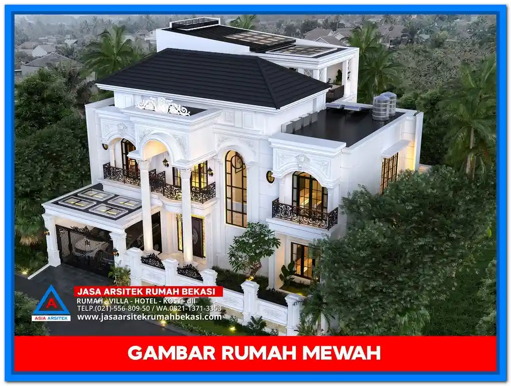 Gambar Rumah Mewah 3 Lantai Full Marmer – Desain fasad rumah tiga lantai yang dilapisi marmer elegan, memperkuat kesan mewah dan berkelas di setiap sudut bangunan