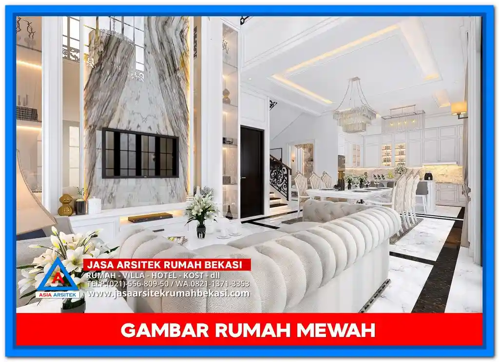 Gambar Rumah Mewah 3 Lantai Full Marmer – Desain fasad rumah tiga lantai yang dilapisi marmer elegan, memperkuat kesan mewah dan berkelas di setiap sudut bangunan