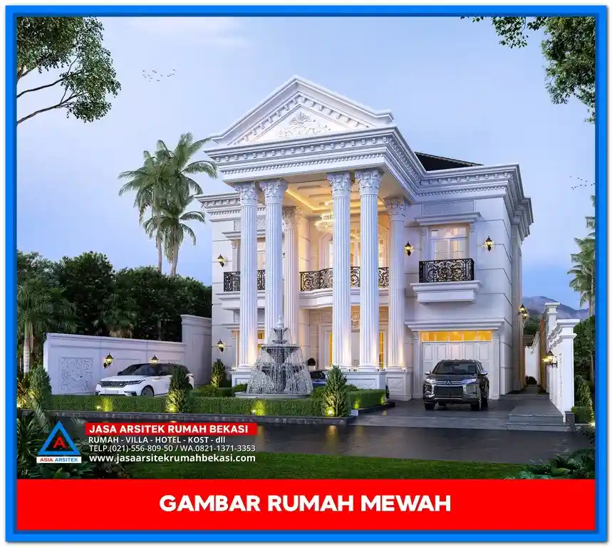 Gambar Rumah Mewah – Desain rumah dua lantai dengan fasad elegan, pilar megah, taman luas, dan tampilan modern klasik
