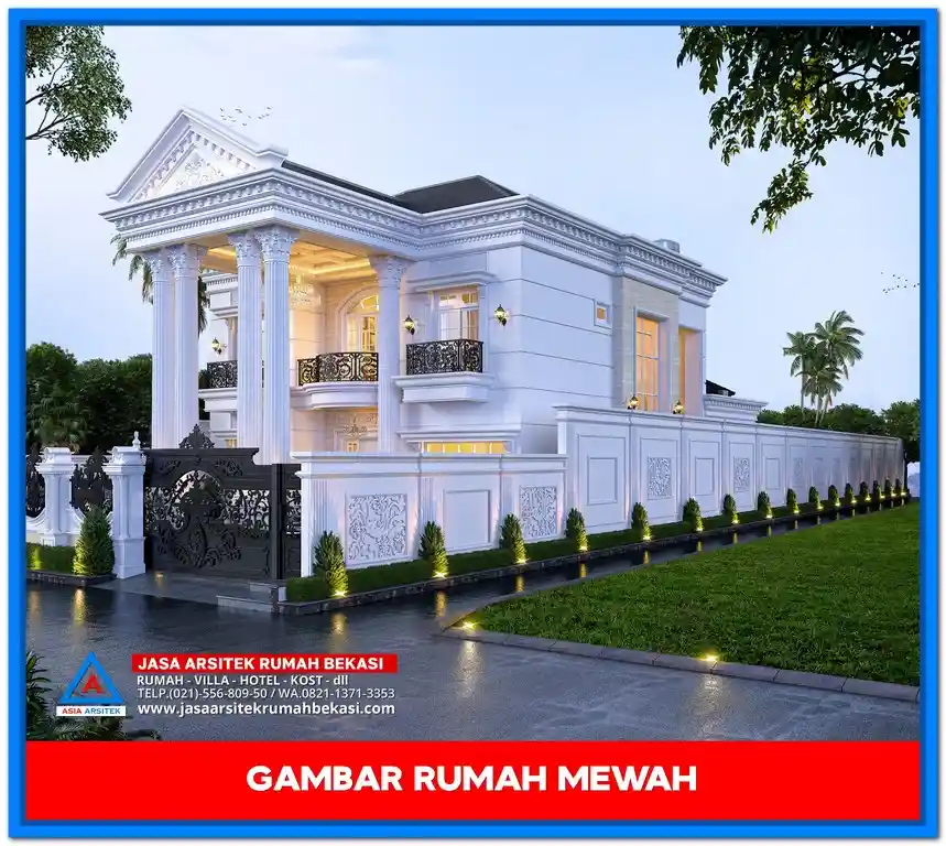 Gambar Rumah Mewah – Desain rumah dua lantai dengan fasad elegan, pilar megah, taman luas, dan tampilan modern klasik