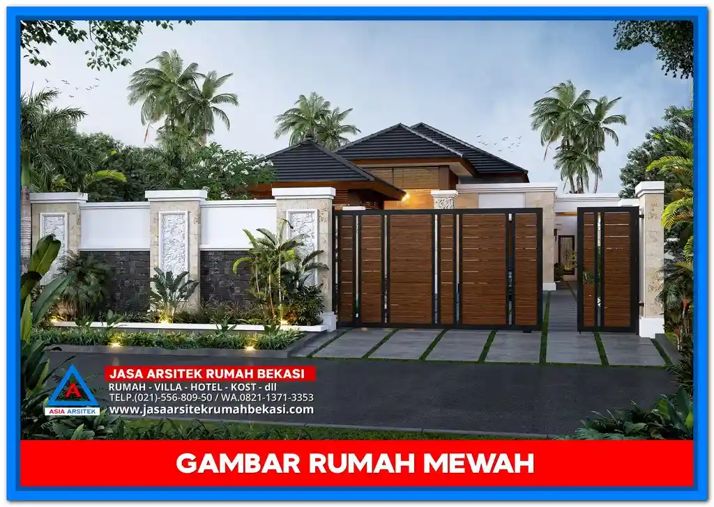 Gambar Rumah Mewah Ala Villa Bali – Desain rumah mewah bernuansa tropis dengan taman rindang, kolam renang, dan elemen kayu serta batu alam khas Bali.