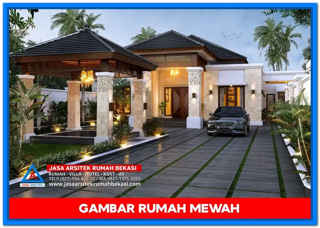 Gambar Rumah Mewah Ala Villa Bali – Desain rumah mewah bernuansa tropis dengan taman rindang, kolam renang, dan elemen kayu serta batu alam khas Bali.