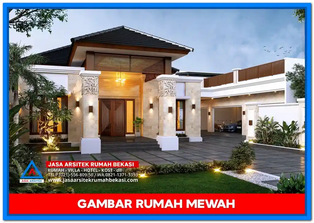 Gambar Rumah Mewah Ala Villa Bali – Desain rumah mewah bernuansa tropis dengan taman rindang, kolam renang, dan elemen kayu serta batu alam khas Bali.
