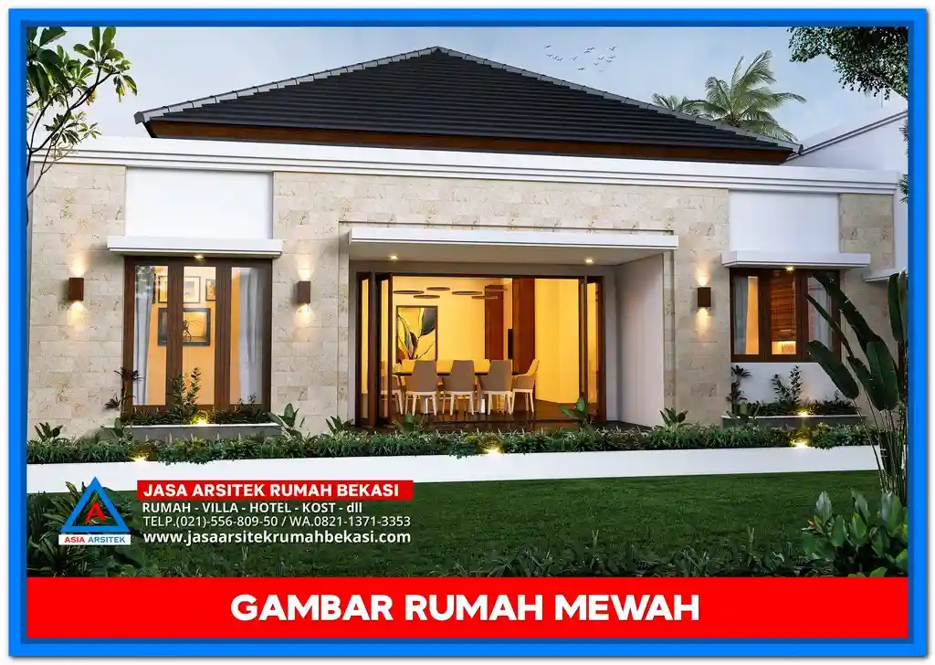 Gambar Rumah Mewah Ala Villa Bali – Desain rumah mewah bernuansa tropis dengan taman rindang, kolam renang, dan elemen kayu serta batu alam khas Bali.