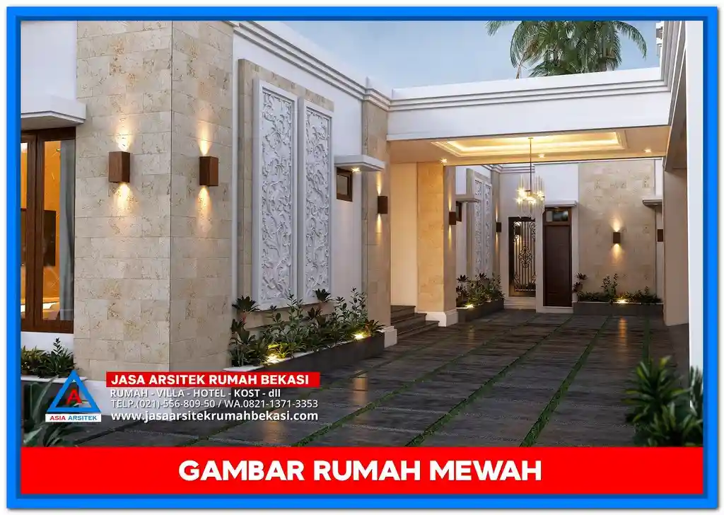 Gambar Rumah Mewah Ala Villa Bali – Desain rumah mewah bernuansa tropis dengan taman rindang, kolam renang, dan elemen kayu serta batu alam khas Bali.