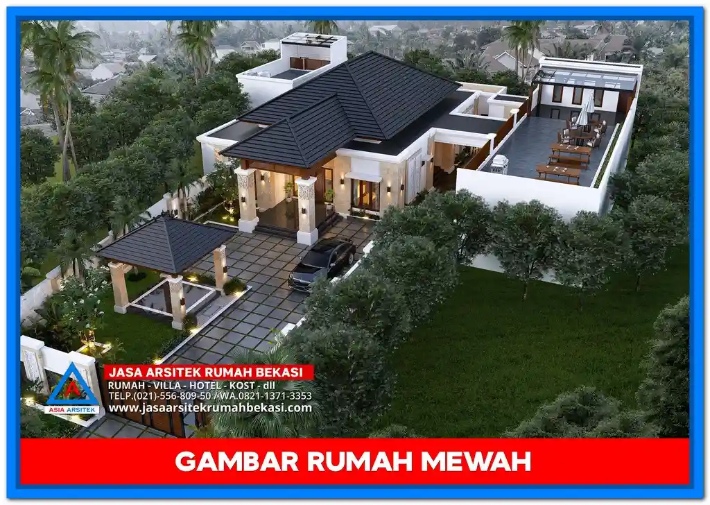 Gambar Rumah Mewah Ala Villa Bali – Desain rumah mewah bernuansa tropis dengan taman rindang, kolam renang, dan elemen kayu serta batu alam khas Bali.