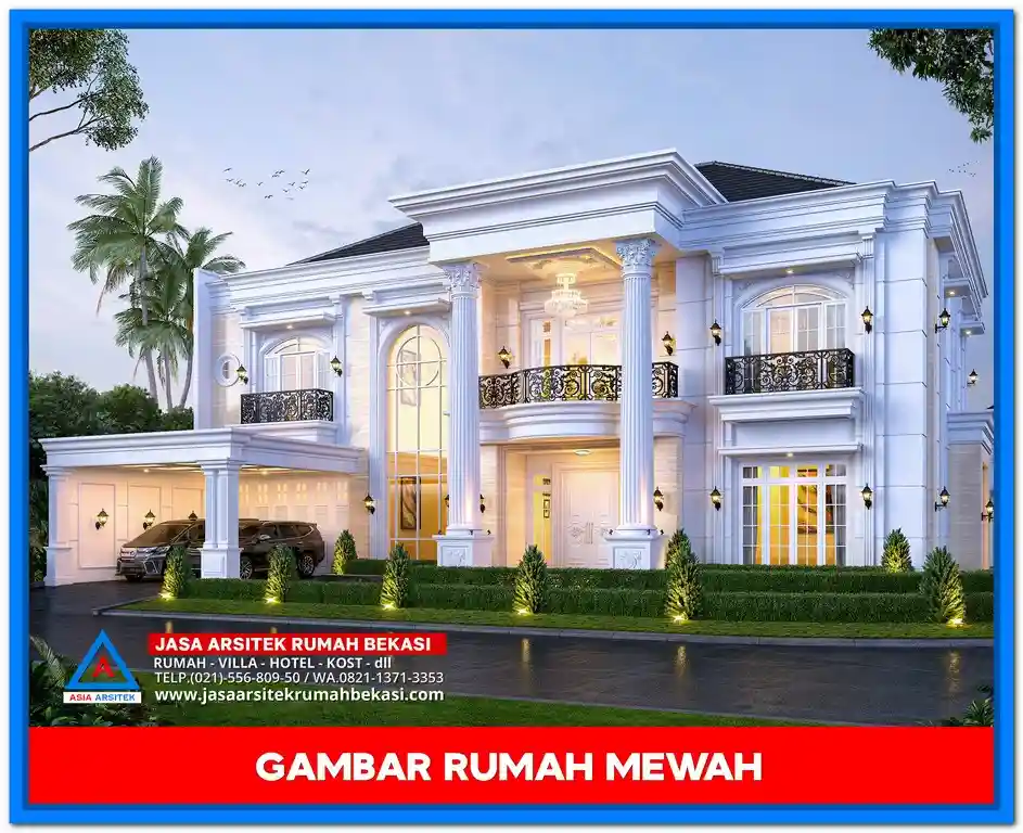 Gambar Rumah Mewah Dengan Ukuran 25x26 – Desain rumah megah di lahan lebar, dengan fasad elegan, bukaan besar, dan tata ruang luas yang menonjolkan kemewahan