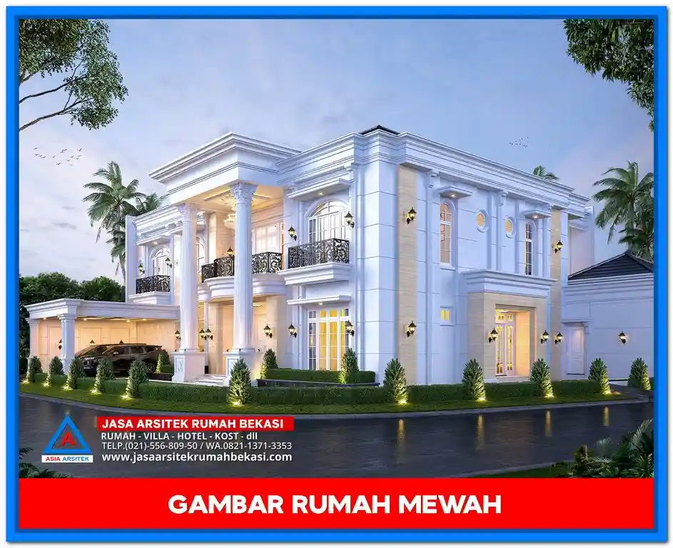 Gambar Rumah Mewah Dengan Ukuran 25x26 – Desain rumah megah di lahan lebar, dengan fasad elegan, bukaan besar, dan tata ruang luas yang menonjolkan kemewahan