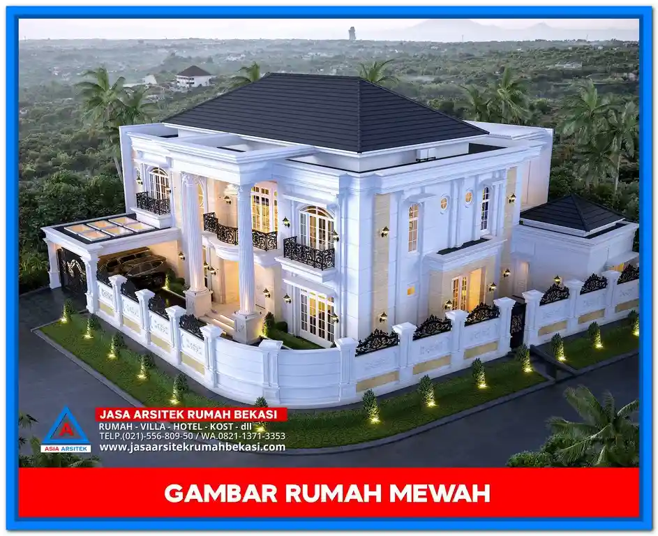 Gambar Rumah Mewah Dengan Ukuran 25x26 – Desain rumah megah di lahan lebar, dengan fasad elegan, bukaan besar, dan tata ruang luas yang menonjolkan kemewahan
