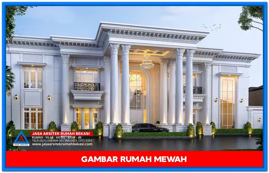 Gambar Rumah Mewah Gaya Klasik Eropa – Fasad rumah dua lantai bergaya Eropa klasik dengan pilar megah, balkon elegan, dan detail arsitektur simetris yang memancarkan kemewahan arsitektur tradisional Eropa.