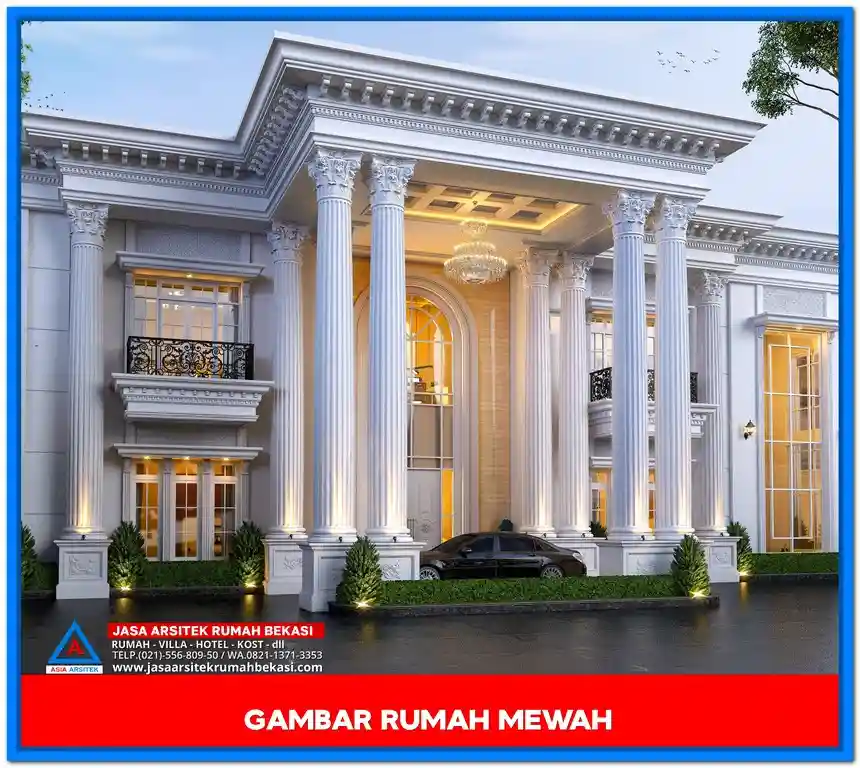 Gambar Rumah Mewah Gaya Klasik Eropa – Fasad rumah dua lantai bergaya Eropa klasik dengan pilar megah, balkon elegan, dan detail arsitektur simetris yang memancarkan kemewahan arsitektur tradisional Eropa.