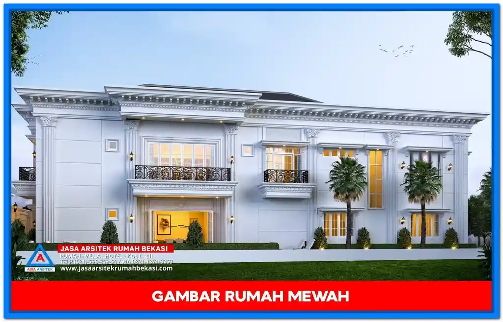 Gambar Rumah Mewah Gaya Klasik Eropa – Fasad rumah dua lantai bergaya Eropa klasik dengan pilar megah, balkon elegan, dan detail arsitektur simetris yang memancarkan kemewahan arsitektur tradisional Eropa.