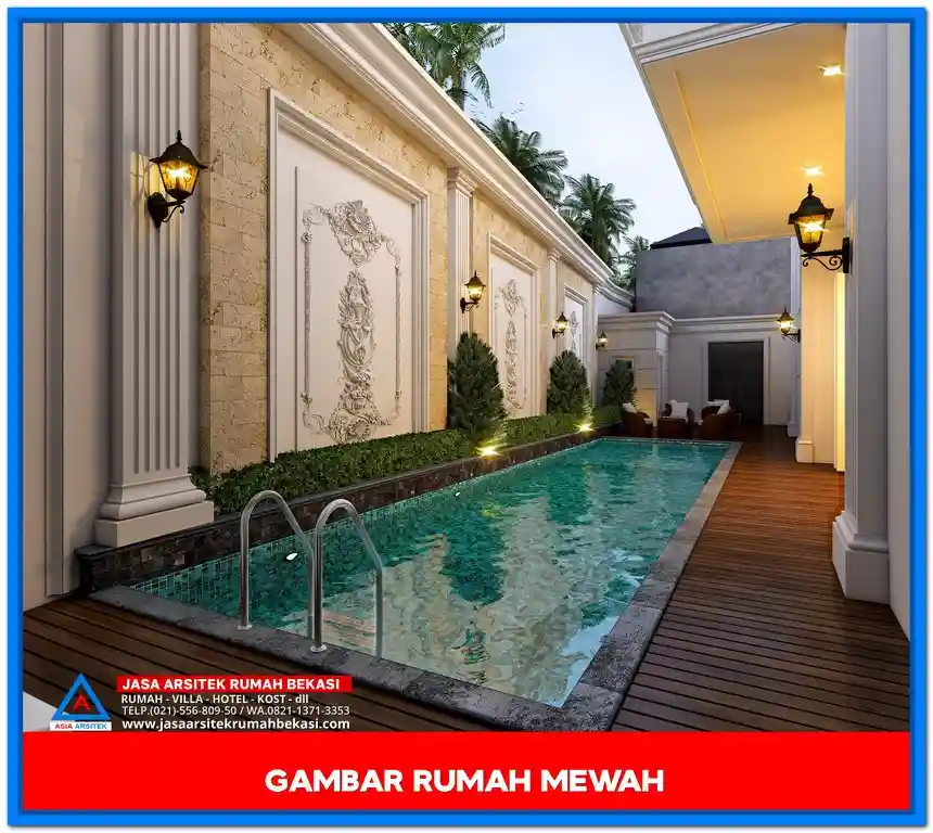 Gambar Rumah Mewah Gaya Klasik Eropa – Fasad rumah dua lantai bergaya Eropa klasik dengan pilar megah, balkon elegan, dan detail arsitektur simetris yang memancarkan kemewahan arsitektur tradisional Eropa.